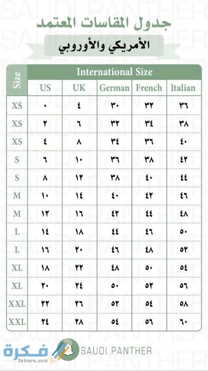 مقاسات الملابس بالارقام