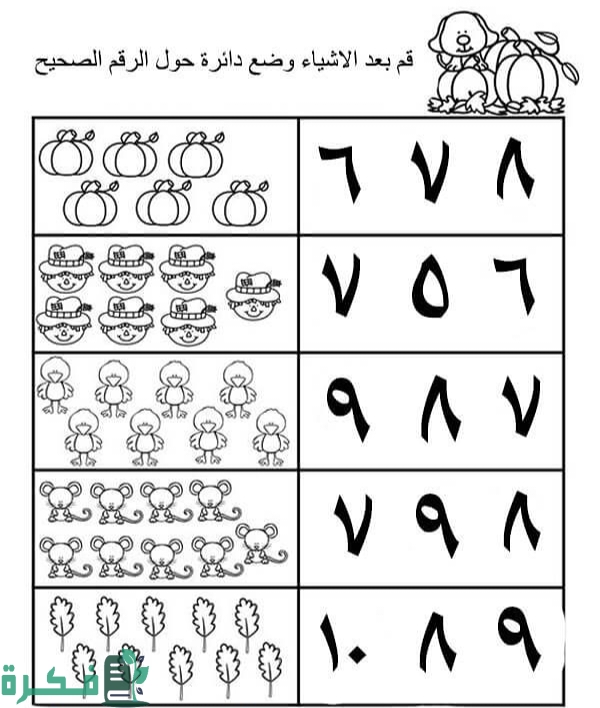 أوراق عمل الأعداد من 1 إلى 20 بالعربية