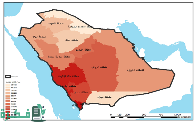خريطة الكثافة السكانية في السعودية خريطة الكثافة السكانية في السعودية
