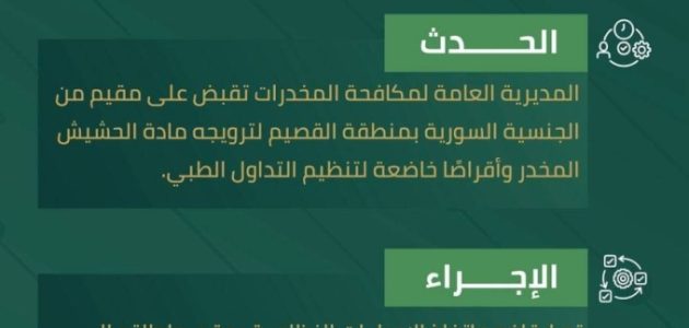 مقيم في القصيم تحت القبض بتهمة ترويج الحشيش وأقراص طبية محظورة 1 مقيم في القصيم تحت القبض بتهمة ترويج الحشيش وأقراص طبية محظورة